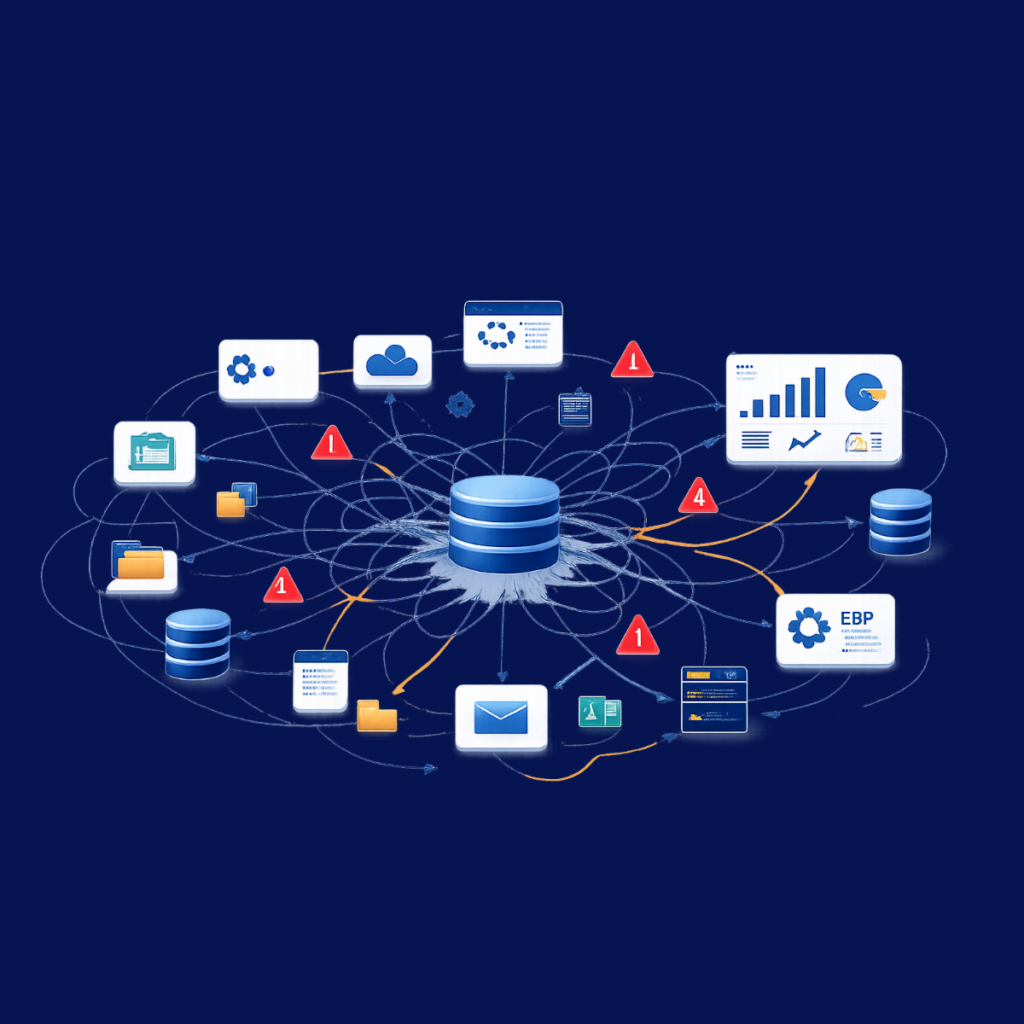 Illustration minimaliste représentant un chaos opérationnel data : une base de données centrale entourée de multiples outils (CRM, ERP, dashboards, API) reliés par des connexions désordonnées et des alertes d’erreur, symbolisant une architecture non orchestrée.