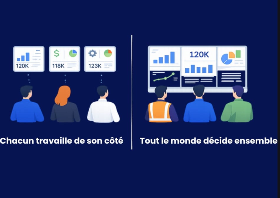 Comparaison visuelle en PME entre des équipes travaillant avec des données fragmentées et des équipes alignées autour d’un tableau de bord centralisé pour une prise de décision collective.